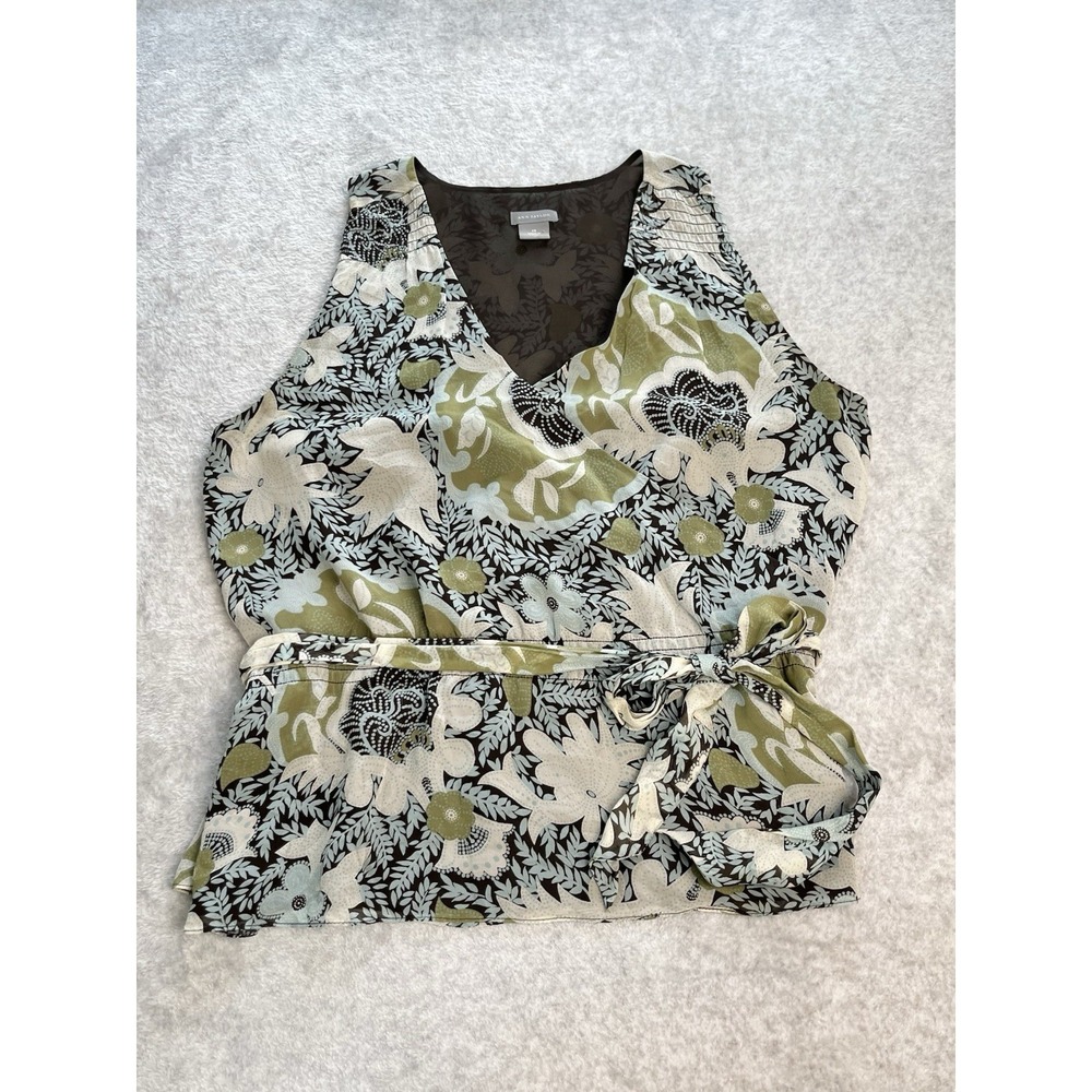 ANN TAYLOR‎ Y2K Vtg Babydoll Top 100% Silk Floral Abstract Tie Waist Sz 10